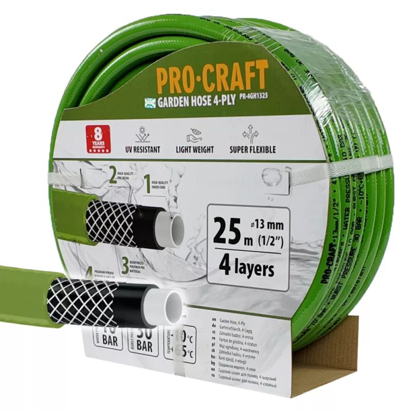 Zelená zahradní hadice PR-4GH1325 4 vrstvy, 1/2" 25 m Procraft