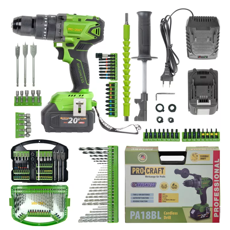 Aku vrtací šroubovák s příklepem SPA18BL Brushless se sadou bitů DBS-101 | SPA18BL/DBS101 Procraft