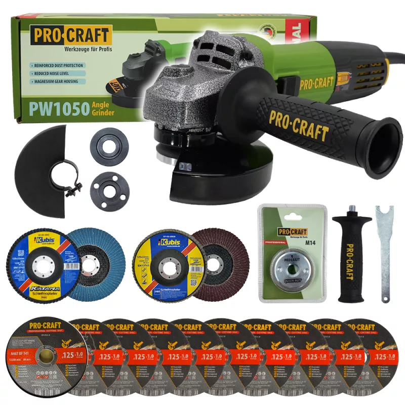 Bruska úhlová PW1050 + rychloupínací matice, 10x řezný kotouč, 2x lamelový kotouč | SPW1050/RM14 Procraft