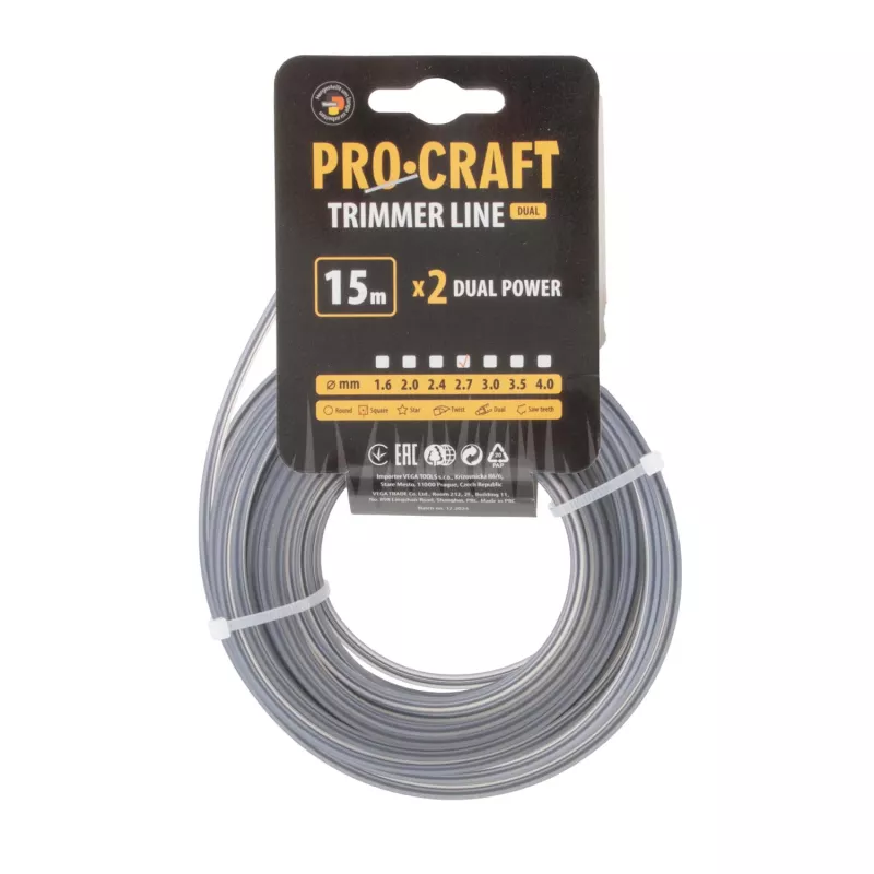 Struna žací (s výztuhou) (2.7mm) (15m) čtverec KV/J-2.7/15 Procraft