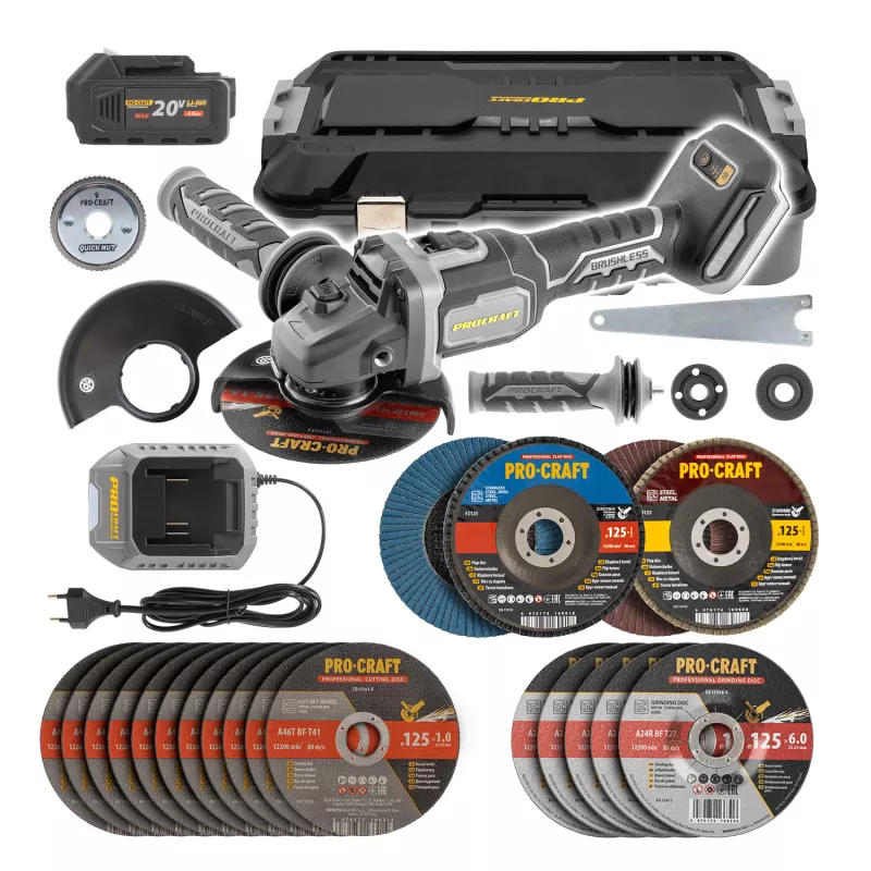 Aku bruska úhlová AG125B + 10x řezný, 4x lamelový, 5x brusný kotouče, rychloupínací matice | SAG125B-CD Procraft industrial