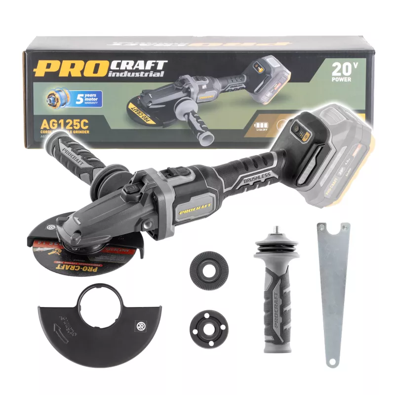 Aku úhlová bruska s plochou hlavou Industrial AG125C (bez baterie a nabíječky), 125mm | AG125C bb Procraft industrial
