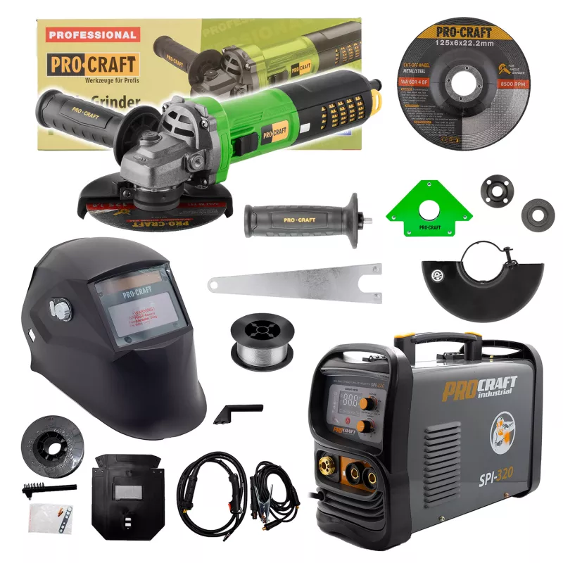 Sada svářecí poloautomatický invertor SPI-320 s úhlovou bruskou PW2450 + drát FW81 + kukla + magnet | SSPI-320/PW2450/SPH90 Procraft