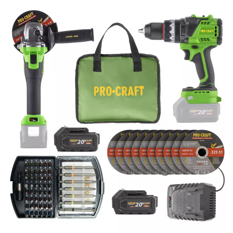Sada aku šroubováku PA18ProBL-BB a brusky PGA22-BB se 2 bateriemi a příslušenstvím v tašce | SPA18ProBL-BB/PGA22-BB/BG500 Procraft