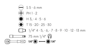 Sada oboustranná ráčna s bity a adaptery 1/4" 23ks